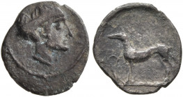 SICILY. Segesta. Circa 412/10-400 BC. Hemilitron (Silver, 10 mm, 0.41 g, 6 h). [ΕΓΕΣΤΑΙΟΝ] Head of the nymph Aigeste to right. Rev. The river-god Krim...