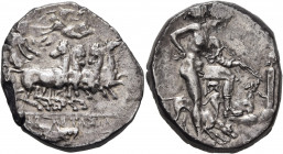 SICILY. Segesta. Circa 390-385 BC. Tetradrachm (Silver, 27 mm, 16.10 g, 7 h). [Σ]EΓ-EΣTAZIA Aigiste driving fast quadriga right, holding grain ear in ...
