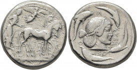 SICILY. Syracuse. Deinomenid Tyranny, 485-466 BC. Tetradrachm (Silver, 25 mm, 17.38 g, 2 h), circa 480-475. Charioteer driving quadriga walking to rig...