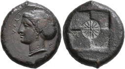 SICILY. Syracuse. Dionysios I, 405-367 BC. Trias (Bronze, 17 mm, 4.70 g), obverse die signed by Euainetos (?), circa 410-405. ΣΥΡΑ Head of Arethusa to...
