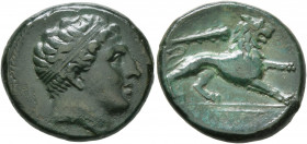 SICILY. Syracuse. Agathokles, 317-289 BC. Litra (Bronze, 21 mm, 7.41 g, 4 h), circa 308/7. Diademed head of Herakles to right. Rev. Lion standing righ...