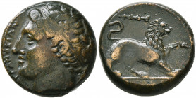 SICILY. Syracuse. Agathokles, 317-289 BC. Litra (Bronze, 19 mm, 7.57 g, 4 h), circa 308/7. ΣYPAKOΣIΩN Diademed head of Herakles to left. Rev. Lion sta...