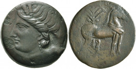 CARTHAGE. Second Punic War. Circa 220-215 BC. Trishekel (Bronze, 28 mm, 19.69 g, 1 h). Head of Tanit to left, wearing wreath of grain ears. Rev. Horse...