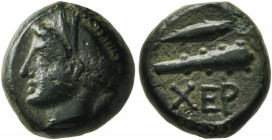 TAURIC CHERSONESOS. Chersonesos. Circa 390-370 BC. AE (Bronze, 14 mm, 3.45 g, 12 h). Head of Artemis Parthenos to left, her hair in sphendone. Rev. XE...