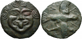 SKYTHIA. Olbia. Circa 450-425 BC. Cast unit (Bronze, 65 mm, 103.15 g, 2 h). Facing gorgoneion with protruding tongue. Rev. A-P-I-X Sea eagle with spea...