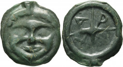 SKYTHIA. Olbia. Circa 450-425 BC. Cast unit (Bronze, 35 mm, 16.30 g). Facing gorgoneion. Rev. A-P-I-X within the four spokes of a wheel. HGC 3.2, -. S...