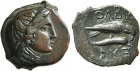 SKYTHIA. Olbia. Circa 400-350 BC. AE (Bronze, 18 mm, 4.66 g, 7 h). Head of Demeter to right, wearing wreath of grain ears. Rev. ΟΛΒΙΟ Eagle on dolphin...