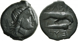 SKYTHIA. Olbia. Circa 400-350 BC. AE (Bronze, 18 mm, 3.07 g, 11 h). Head of Demeter to right, wearing wreath of grain ears. Rev. ΟΛΒΙΟ Eagle on dolphi...