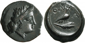 SKYTHIA. Olbia. Circa 400-350 BC. AE (Bronze, 21 mm, 6.69 g, 10 h). Head of Demeter to right, wearing taenia, earring and necklace. Rev. ΟΛΒΙ[Ο] Eagle...
