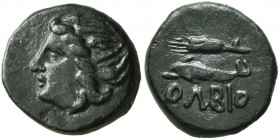 SKYTHIA. Olbia. Circa 400-350 BC. AE (Bronze, 13 mm, 1.85 g, 9 h). Head of Demeter to left. Rev. ΟΛΒΙΟ Dolphin to left; above, grain ear. HGC 3.2, -. ...