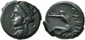 SKYTHIA. Olbia. Circa 360-300 BC. AE (Bronze, 16 mm, 4.82 g, 6 h). Head of Tyche to left, wearing mural crown and wreath. Rev. ΟΛΒΙΟ Archer kneeling l...