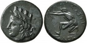 SKYTHIA. Olbia. Circa 360-300 BC. AE (Bronze, 18 mm, 3.93 g, 5 h). Head of Tyche to left, wearing mural crown and wreath. Rev. ΟΛΒΙΟ / ΣΩΣΤΡΑ Archer k...