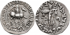 INDO-SKYTHIANS. Azes, circa 58-12 BC. Tetradrachm (Silver, 26 mm, 9.40 g, 11 h), Indian standard, Pushkalavati. ΒΑΣΙΛΕΩΣ ΒΑΣΙΛΕΩΝ ΜΕΓΑΛΟΥ / ΑΖΟΥ King ...