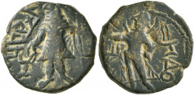 INDIA, Kushan Empire. Kanishka I, circa 127/8-152. Drachm (Bronze, 18 mm, 4.39 g, 10 h). ÞAO ΚANηρKI ('King Kanishka' in Bactrian) Kanishka I standing...