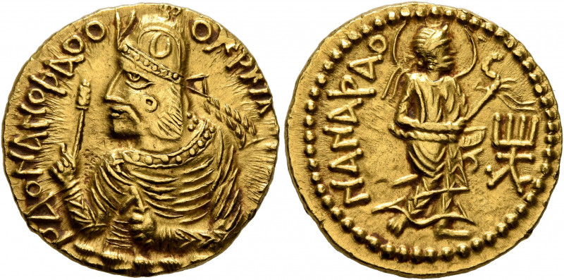 INDIA, Kushan Empire. Huvishka, circa 151-190. Dinar (Gold, 19 mm, 8.00 g, 12 h)...
