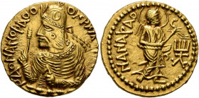 INDIA, Kushan Empire. Huvishka, circa 151-190. Dinar (Gold, 19 mm, 8.00 g, 12 h). ÞAONANOÞAO OOηÞKI KOÞANO ('King of Kings, Huvishka the Kushan' in Ba...