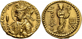 INDIA, Kushan Empire. Huvishka, circa 151-190. Dinar (Gold, 20 mm, 8.12 g, 11 h), main mint in Baktria. ÞAONANOÞAO OOηÞKI KOÞANO ('King of Kings, Huvi...
