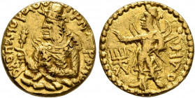 INDIA, Kushan Empire. Huvishka, circa 151-190. 1/4 Dinar (Gold, 12 mm, 1.73 g, 1 h), main mint in Baktria. ÞAONANOÞAO OOηÞKI KOÞANO ('King of Kings, H...