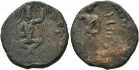 INDIA, Kushan Empire. Huvishka, circa 151-190. Tetradrachm (Bronze, 23 mm, 9.39 g, 12 h), Kapisha. Huvishka sits cross-legged on mountain top, head tu...