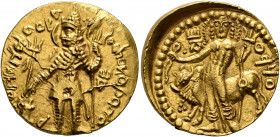 INDIA, Kushan Empire. Vasudeva I, circa 192-225. Dinar (Gold, 21 mm, 8.00 g, 12 h), main mint in Baktria, late phase. ÞAONANOÞAO BAZOΔHO KOÞANO ('King...