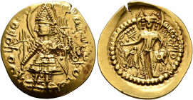 INDIA, Kushan Empire. Vasudeva I, circa 192-225. Dinar (Gold, 28 mm, 8.00 g, 12 h), a Kushano-Sasanian imitation in the name of Vasudeva I, somewhere ...