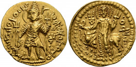 INDIA, Kushan Empire. Vasudeva I, circa 192-225. Dinar (Gold, 24 mm, 8.00 g, 12 h), main mint in Baktria, late phase. ÞAONANOÞAO BAZOΔHO KOÞANO ('King...