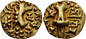INDIA, Post-Kushan (Jammu and Kashmir). Kidarite Successors. Vinayaditya, mid 5th-6th century. Stater (Gold, 22 mm, 7.77 g, 12 h). Abstract Kushan-sty...