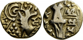 INDIA, Post-Kushan (Jammu and Kashmir). Kidarite Successors. Durlabha Deva, circa 6th-7th centuries. Dinar (Electrum, 23 mm, 7.42 g). Abstract Kushan-...