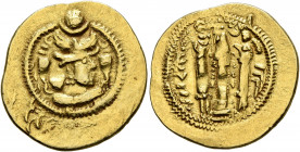 SASANIAN KINGS. Peroz I, 457/9-484. Reduced Dinar (Gold, 21 mm, 3.70 g, 2 h), AY (Eran-Khwarrah-Shapur). MZDYSN BGY KDY PYLWCY ('Worshipper of Lord Ma...