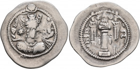 SASANIAN KINGS. Jamasp, 497-499. Drachm (Silver, 29 mm, 4.00 g, 2 h), GD (Gay). Draped bust of Jamasp to right, wearing mural crown with inner crescen...