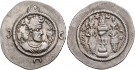 SASANIAN KINGS. Khosrau I, 531-579. Drachm (Silver, 29 mm, 4.00 g, 4 h), GD (Gay), RY 22 = AD 552. Draped bust of Khosrau I to right, wearing mural cr...