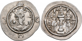 SASANIAN KINGS. Khosrau I, 531-579. Drachm (Silver, 29 mm, 4.18 g, 3 h), DL (unlocated mint), RY 24 = AD 554. Draped bust of Khosrau I to right, weari...