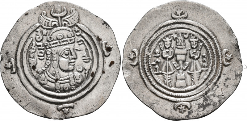 SASANIAN KINGS. Boran, 630-631. Drachm (Silver, 32 mm, 4.00 g, 4 h), ST (Stakhr)...