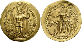 KUSHANO-SASANIANS. Peroz I, circa 245-270. Dinar (Gold, 30 mm, 7.95 g, 11 h), Balkh. ΠIPΩZO OOZOPKO KOÞANO ÞAYO ('Peroz the great, Kushan King' in Bac...