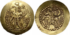 KUSHANO-SASANIANS. Bahram I, circa 340-345. Dinar (Gold, 35 mm, 7.89 g, 11 h), time of Yasada and Kirada, struck in the name of Bahram, Balkh. 'BAΓO O...