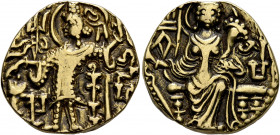 HUNNIC TRIBES, Kidarites. Kirada, circa 340-356. Dinar (Electrum, 19 mm, 7.68 g, 12 h), Gandhara. Kirada standing front, head to left, sacrificing wit...