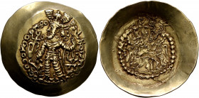 HUNNIC TRIBES, Kidarites. Kidara, circa 350-385. Dinar (Gold, 35 mm, 7.49 g). 'BAΓO KIΔAPA OOZOPKO KOÞANO ÞAYO ('His Majesty, Kidara, Great King of th...