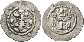 HUNNIC TRIBES, Hephthalites. Drachm (Silver, 30 mm, 3.46 g, 3 h), imitating a drachm of the Sasanian King Peroz I (457/9-484) from Balkh, 6th century....