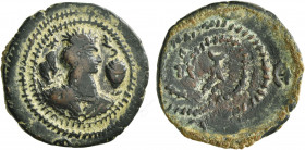 HUNNIC TRIBES, Nezak Huns. Hemidrachm (Bronze, 23 mm, 3.90 g, 12 h), circa 650. Draped bust to right, wearing mustache and crown with three crescents;...
