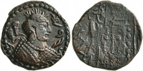 HUNNIC TRIBES, Nezak Huns. Drachm (Bronze, 18 mm, 4.00 g, 4 h), circa 650. blundered 'nycky MLKA' ('Nezak King' in Pahlawi) Draped bust to right, wear...