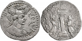 HUNNIC TRIBES, Nezak Huns. Drachm (Silver, 26 mm, 3.27 g, 3 h), a-group, Kapisi, circa 550-600. nycky MLK - a ('Nezak King' in Pahlawi) Bust with elon...