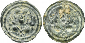 LOCAL ISSUES, Silk Road Region. Circa 5th-8th centuries. Bracteate (Bronze, 24 mm, 0.52 g). Draped facing male bust, wearing elaborate crown and two c...
