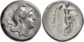Anonymous, circa 250-240 BC. Didrachm (Silver, 20 mm, 6.60 g, 4 h), Rome (or Neapolis). Head of Roma to right, wearing crested Phrygian helmet; behind...