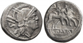 Anonymous, circa 211-208 BC. Sestertius (Silver, 12 mm, 1.00 g, 8 h), Rome. Head of Roma to right, wearing winged helmet; behind, IIS. Rev. ROMA The D...