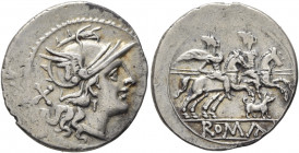 Anonymous, circa 206-195 BC. Denarius (Silver, 20 mm, 3.28 g, 4 h). Head of Roma to right, wearing crested and winged helmet; behind, X (mark of value...