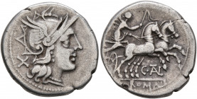 C. Thalna, 154 BC. Denarius (Silver, 19 mm, 3.70 g, 3 h), Rome. Head of Roma to right, wearing winged helmet; behind, X. Rev. Victory in prancing biga...