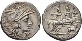 C. Antestius, 146 BC. Denarius (Silver, 20 mm, 3.83 g, 11 h), Rome. C•ANTESTI Head of Roma to right, wearing crested and winged helmet; before, X (mar...