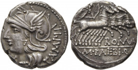M. Baebius Q.f. Tampilus, 137 BC. Denarius (Silver, 18 mm, 3.69 g, 5 h), Rome. TAMPIL Head of Roma to left, wearing winged helmet; before, X (mark of ...