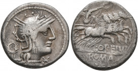L. Opimius, 131 BC. Denarius (Silver, 17 mm, 3.70 g, 9 h), Rome. Head of Roma to right, wearing winged helmet; behind, wreath; below chin, star. Rev. ...
