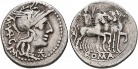 M. Vargunteius, 130 BC. Denarius (Silver, 20 mm, 3.87 g, 5 h), Rome. M•VAR G Head of Roma to right, wearing winged helmet; before, star (mark of value...